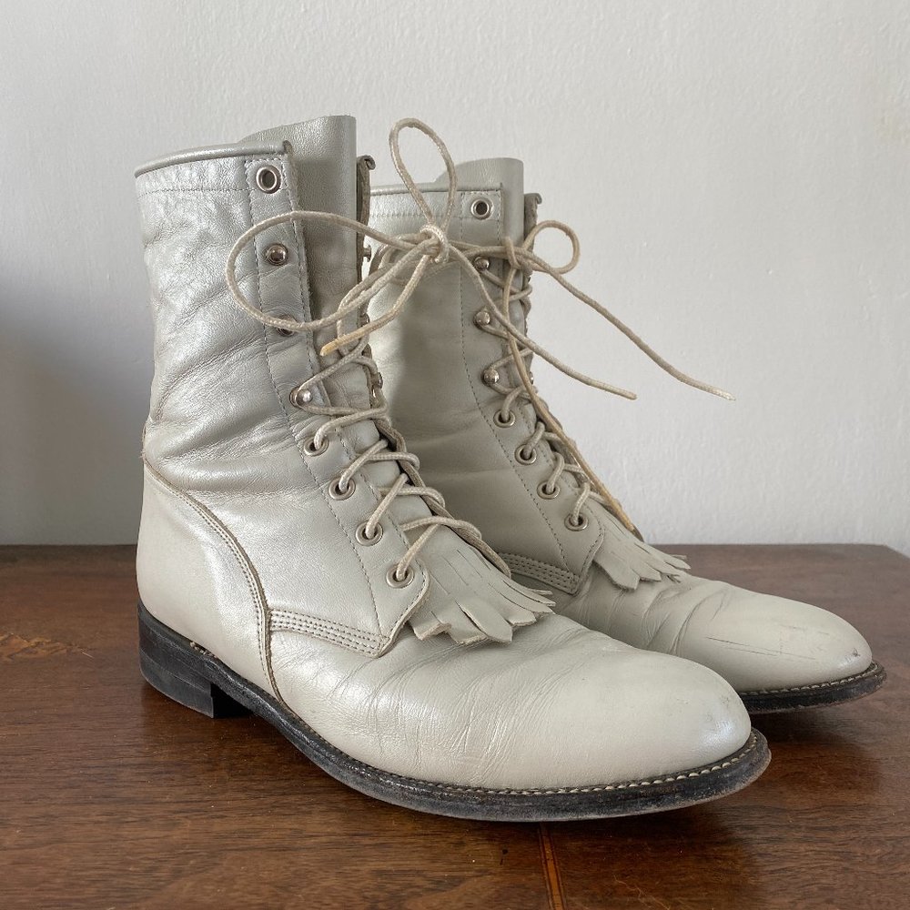 Vintage 80s/90s White Leather Justin Kiltie Roper Boots, Cream/White